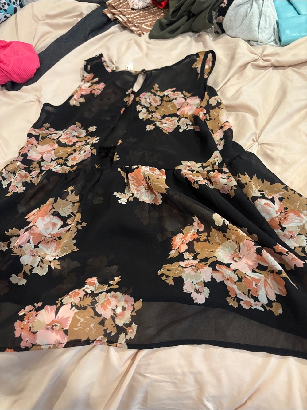 Truth Black Floral Sleeveless Chiffon Blouse with Pink and Tan Flowers